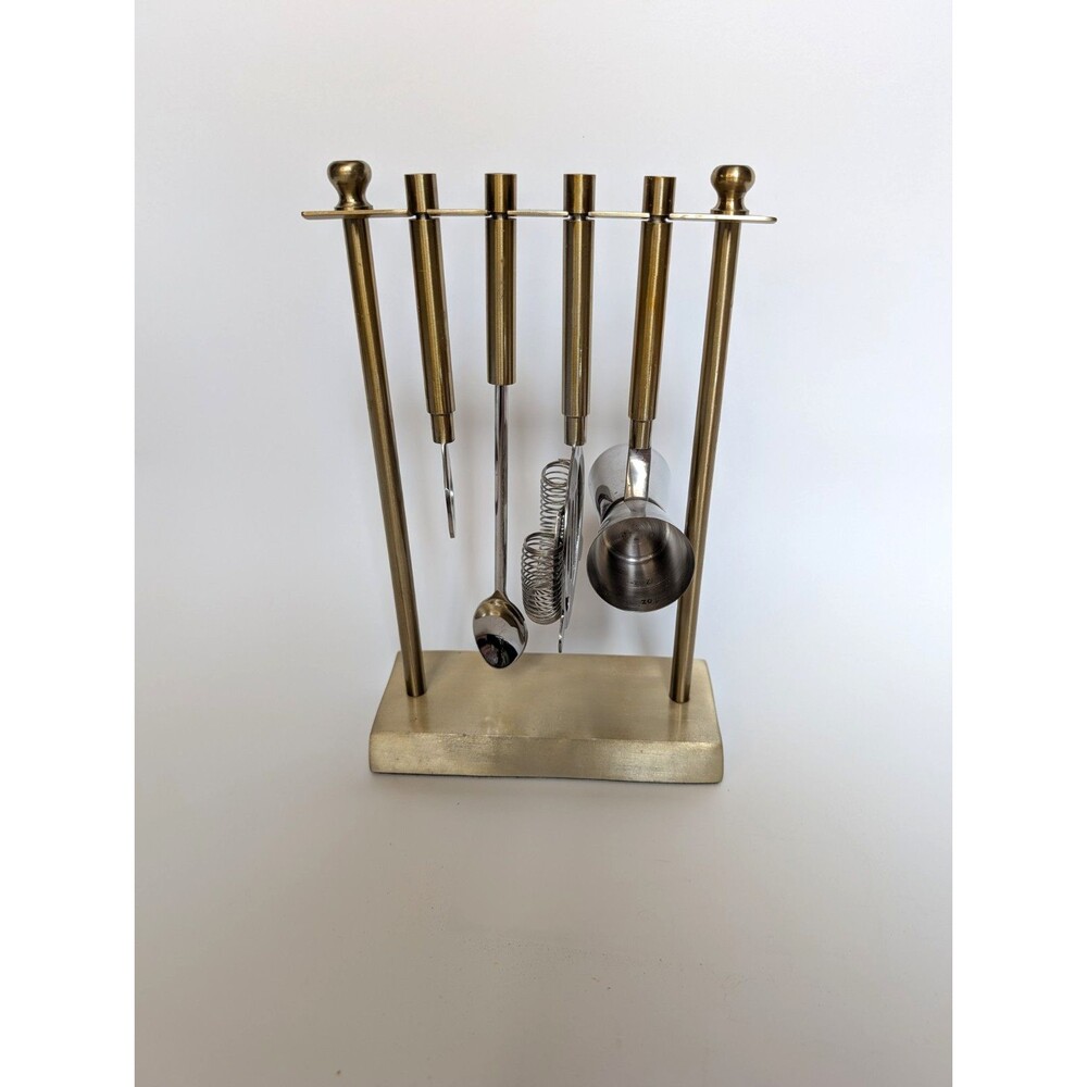 Vintage MCM Style Metal Bar Mixer Tool Set with Stand Caddy Brass & Silver Tone
